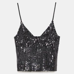 Zara Sequin Stripe Cami Tank Black Silver NWT